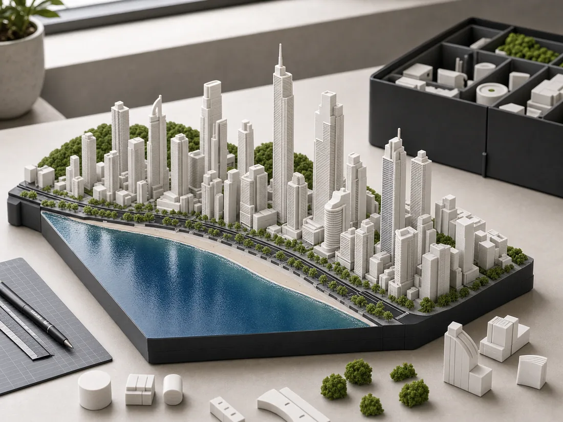 Diorama costeiro com prédios altos inspirado em Balneário Camboriú