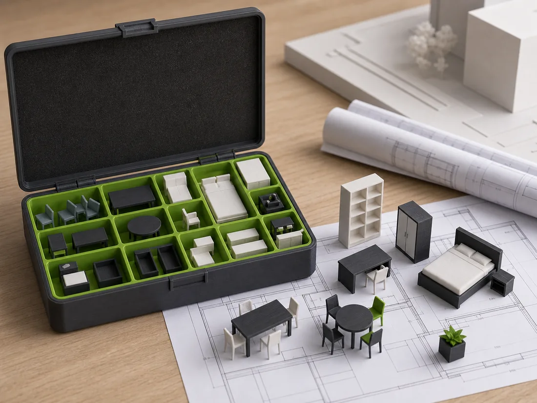 Kit de mobiliário em escala para composição de layout arquitetônico