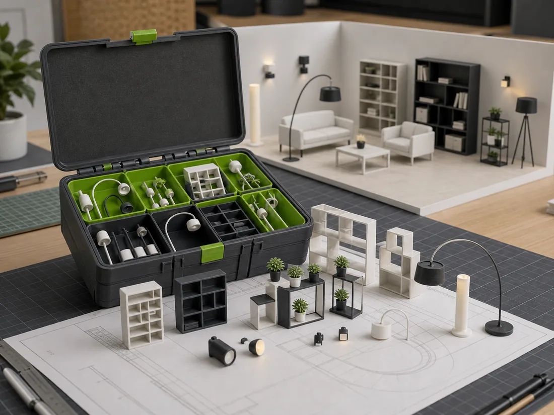 Kit com luminárias e estantes em escala para modelos de interiores