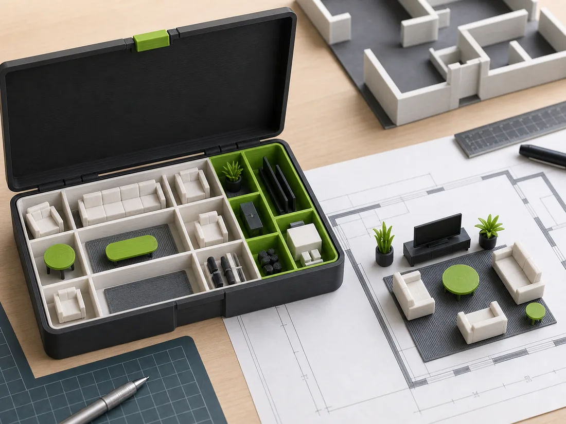 Kit de sala em escala com sofás e mesas para apresentação de layout
