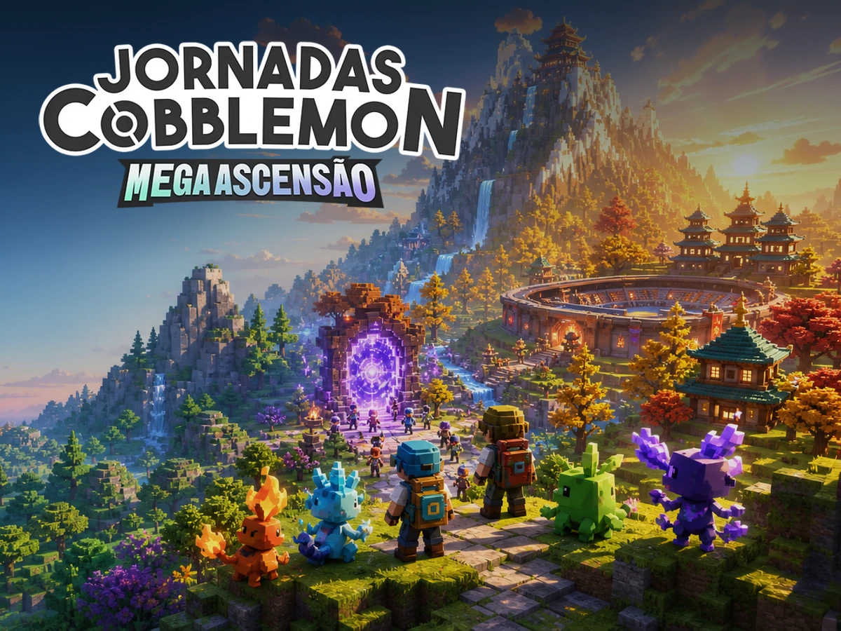 Jornadas Cobblemon Mega Ascensão em um cenário de aventura com regiões, raids, ginásio e treinadores