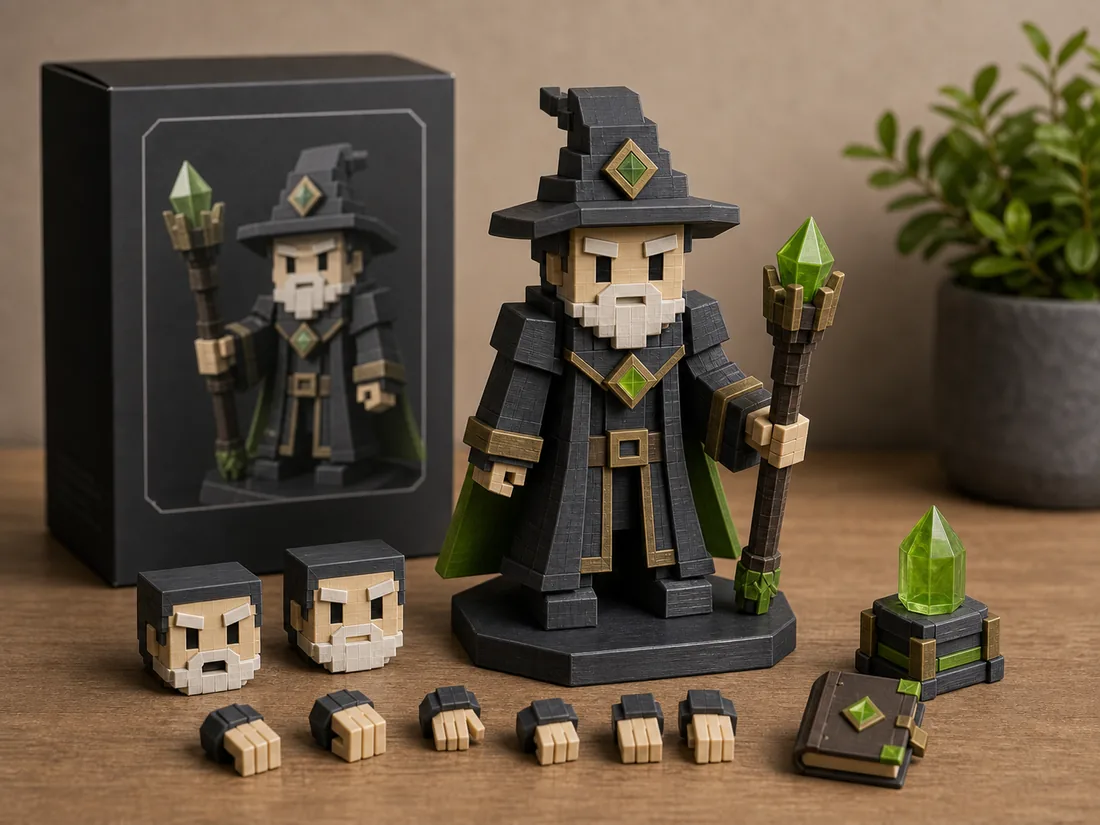Miniatura articulada de herói blocado com acessórios impressa em 3D